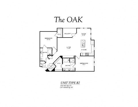 Floor plan for 2 beds, 2 baths, 1267 sqft